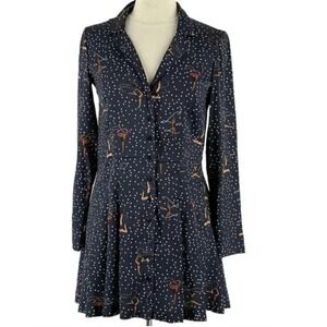 ZARA Gymnast Dancer Streamer Print Button Down Shirt Dress Navy Dark Blue Small